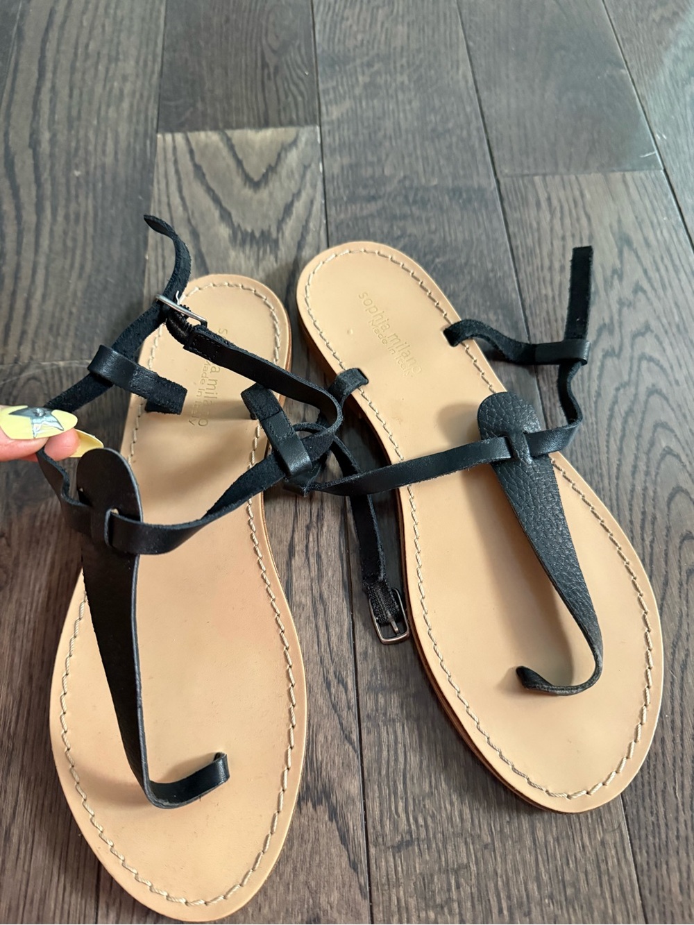 Black T-Strap Leather Sandals with Tan Footbed - Women's